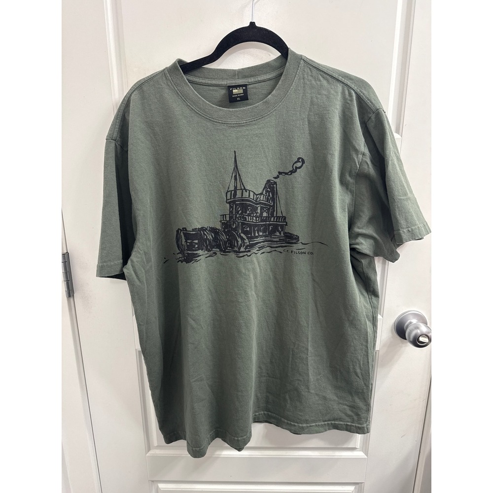 Filson Mens XL Tugboat Graphic T-Shirt Sage Green Made in USA Heavyweight Cotton